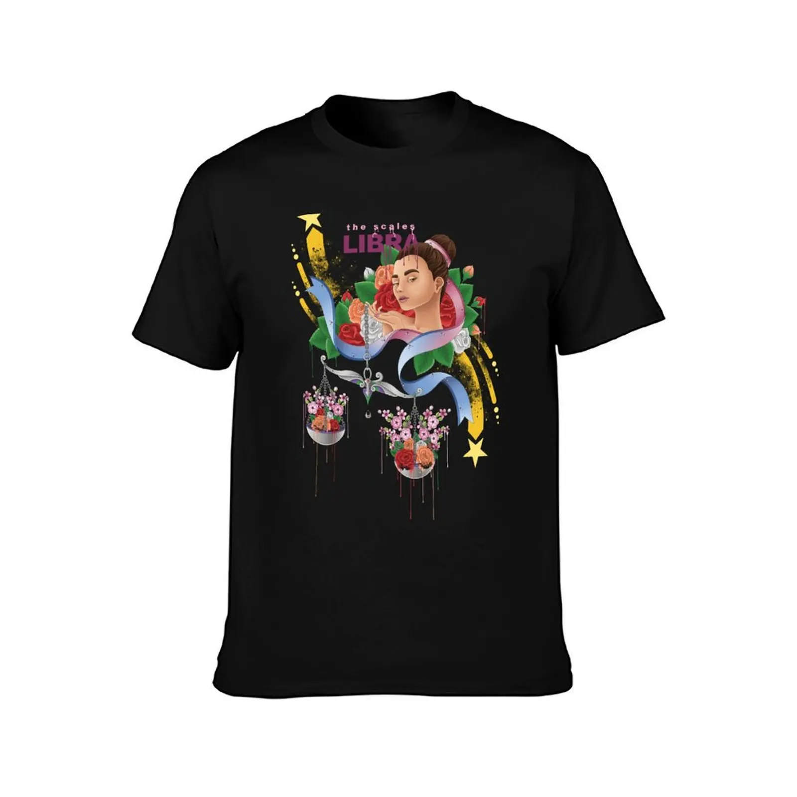 Libra the Scales Floral Design T-Shirt Casual Daily Wear Short Sleeve Top T-Shirt