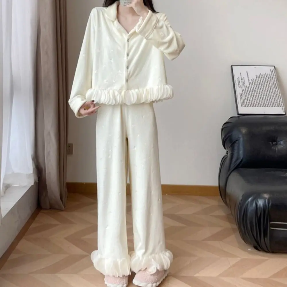 

Fashion Long Sleeve Bow Pajamas Set Sweet Ruffle Velvet Pajamas Suit Casual Long Sleeves Warm Thicken Sleepwear Home