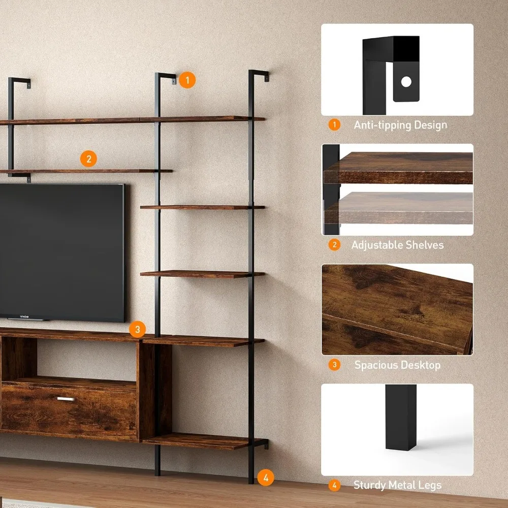 Unidade de parede do centro de entretenimento de estilo industrial para TVs de 55-60 polegadas com estantes e prateleiras ajustáveis