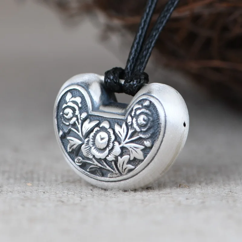 999 foot silver retro craft flower blooming rich and noble peony handmade woven rope necklace for women's ingot pendant