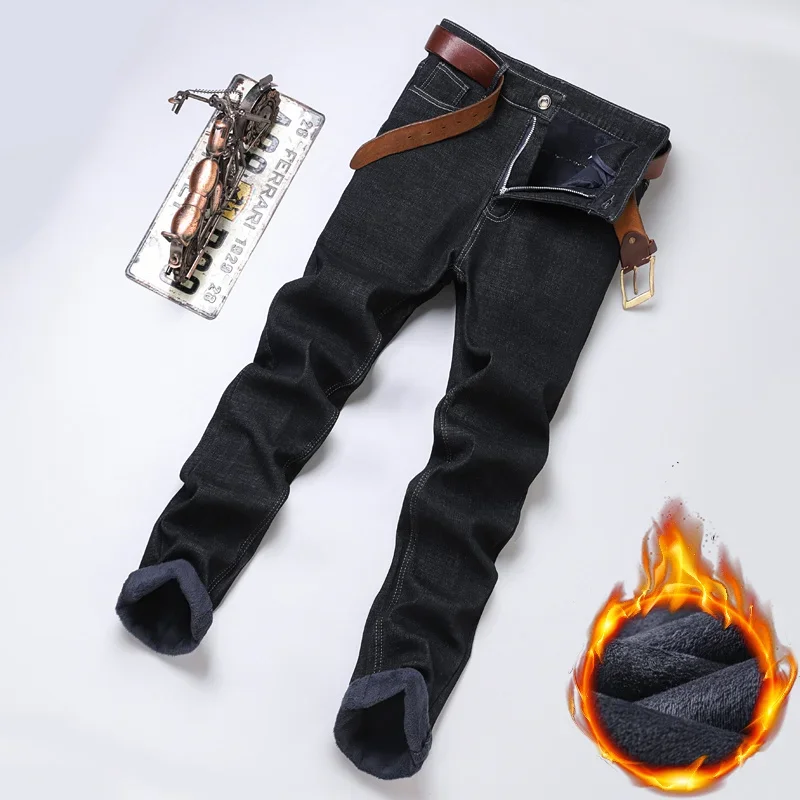 Winter Men\'s Warm Plush Business Jeans Casual Comfortable Fleece Slim Stretch Pants Vintage Male Thicken Elastic Denim Trousers