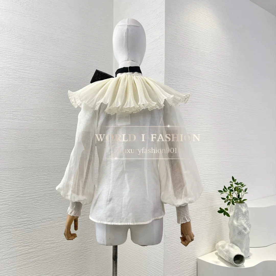 

2025 High Quality Linen and Silk White Ruffles Long Sleeve Blouse Tops
