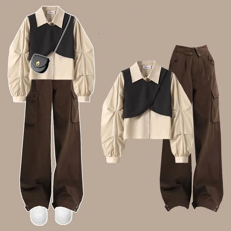 Autumn New Patchwork Chiffon Shirt Workwear Wide Leg Pants Two-piece Elegant Women\'s Pants Set