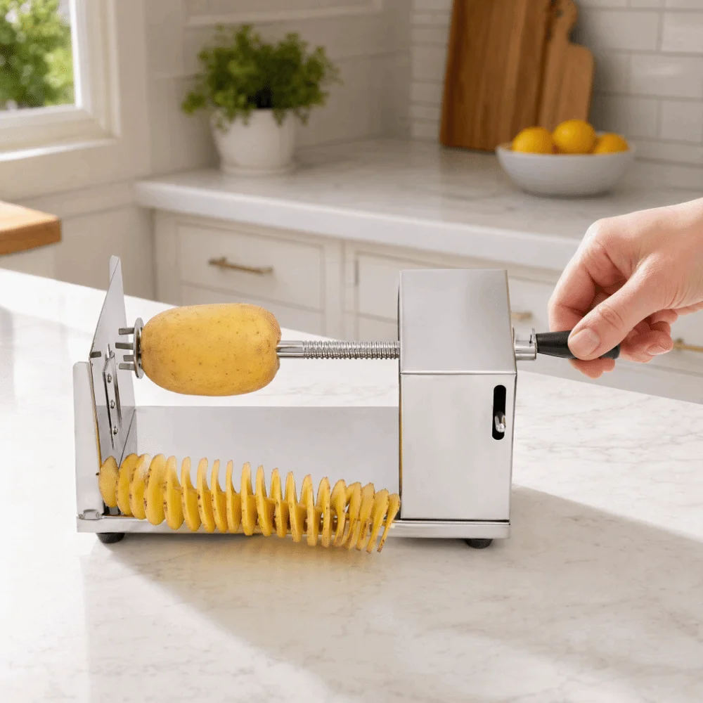 Stainless Steel Spiral Potato Cutter Four-Prong Shaft Stable Base French Fry Cutter Hand Crank Commercial Grade
