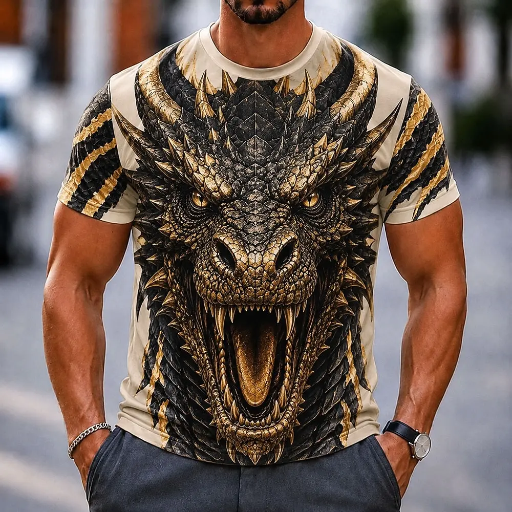 Men's Spring Summer 3D Printed Crew Neck Tee, Cream Base Tongue Out Brown White Cow Realistic Cute Animal Vacation Top