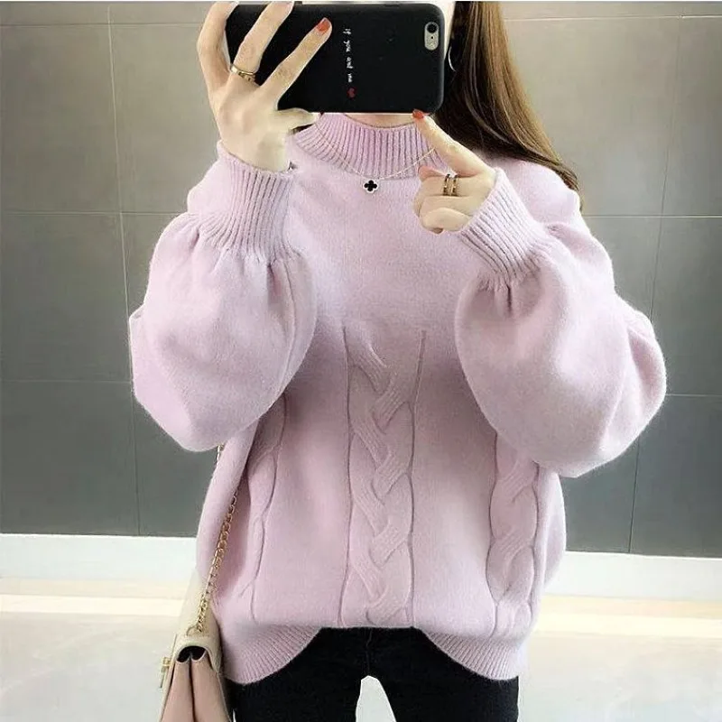 Women's Autumn Winter New Solid Color Semi High Neck 3D Korean Style Temperament Long Sleeved Loose Short Sweater Knitted Tops