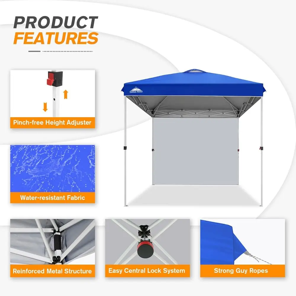 Quick-Setup 8x8 Outdoor Canopy with Side Panel, Wheeled Bag, Stakes, and Ropes, Blue Shade Tent