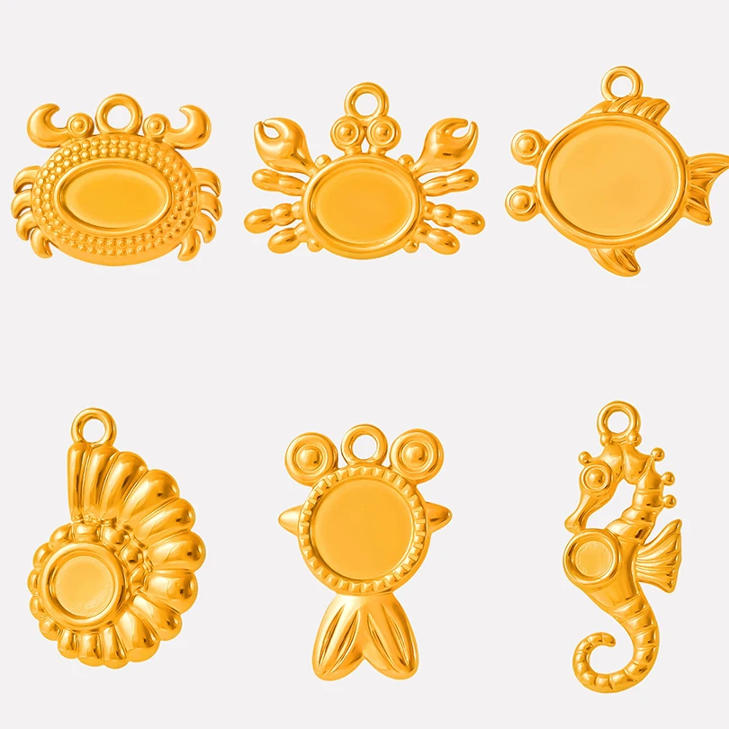 5pcs/Lot Real Gold Plated Marine Animal Cute Seahorse Crab Fat Goldfish Stainless Steel Charms For Jewelry Making Bulk Pendants