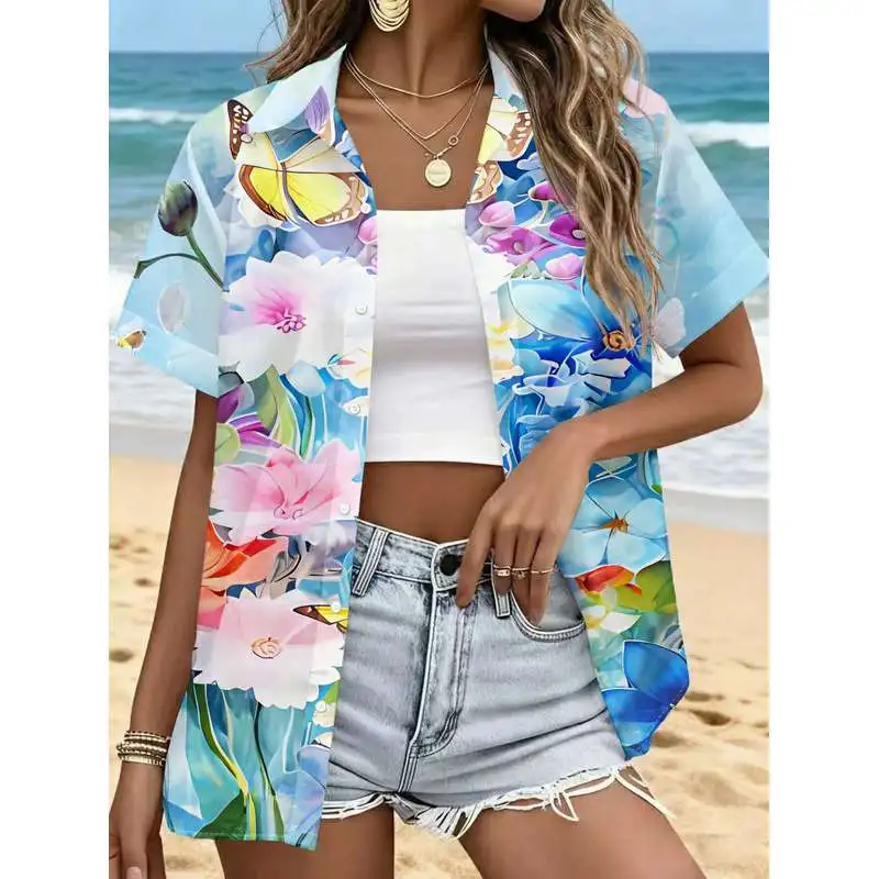 Women's Casual Short-Sleeve Shirt Butterflies Dancing Among Flowers Clear Rhyme Dyeing Cloudy Sky Pattern Button-Up Top Machine