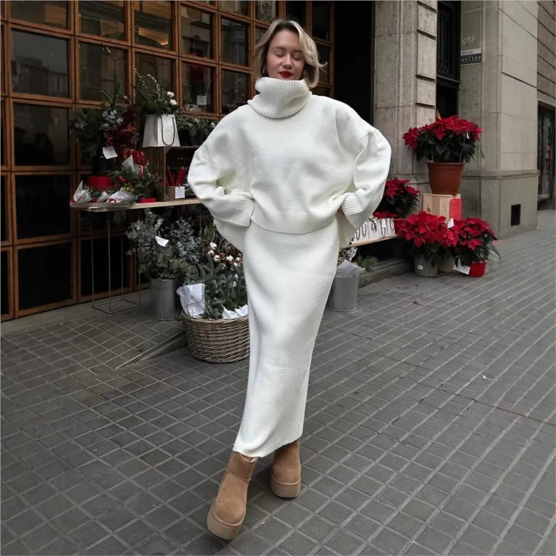 Women Turtleneck Knit Two Piece Set Loose Sweater Long Sleeve Maxi Skirt Ribbed Solid Elegant Commute Fall Winter Outfit