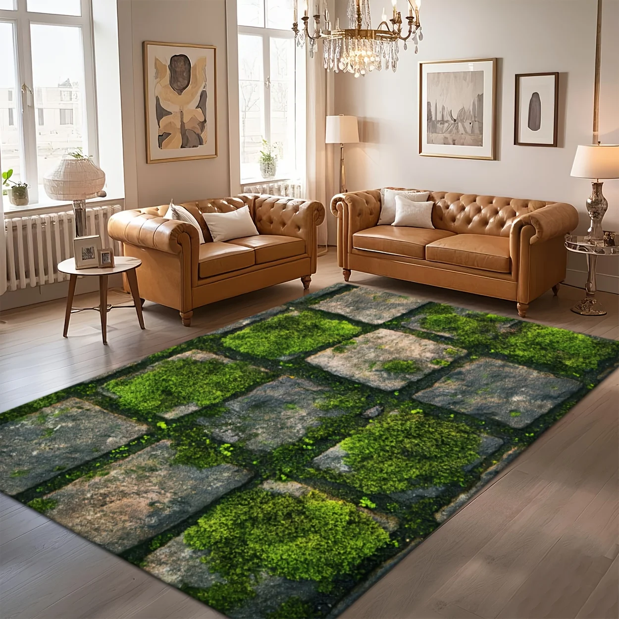Moss Stone‑Tile Pattern Area Rug, Non‑Slip Machine‑Washable for Living Room Bedroom Indoor Home Decor