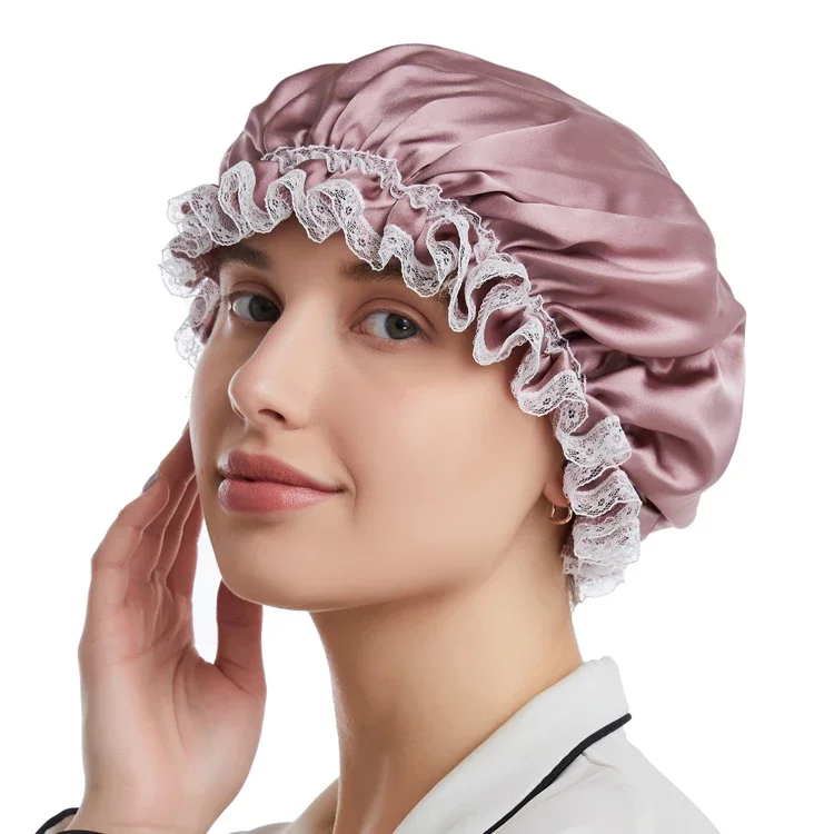 Lace Edge 100%  Mulberry Silk Night Sleep Cap Luxury Soft Pure Silk Night Sleep Hat Hair Bonnet Silk Wide Elastic Band Hair Cap
