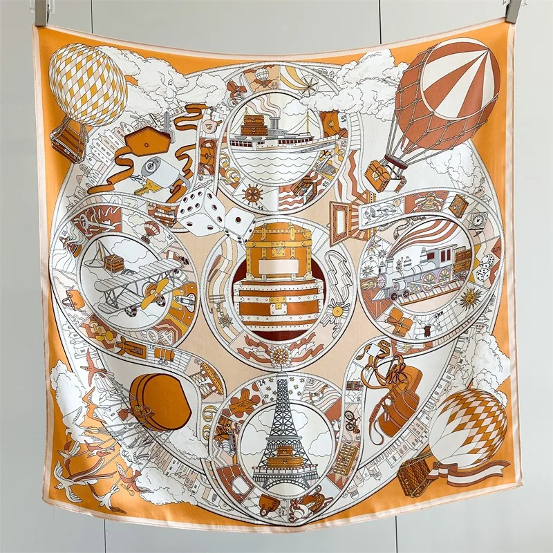 90x90cm 100% MULBERRY SILK Satin Square Scarf Women Vintage World Travel Print Large Shawl Hot Air Balloon Neck Head Wrap Scarf