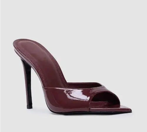 

Burgundy Black Beige Patent Leather Solid Pointed Peep Toe Stiletto Slippers Women Shallow Slip On Thin Heels Modern Slippers