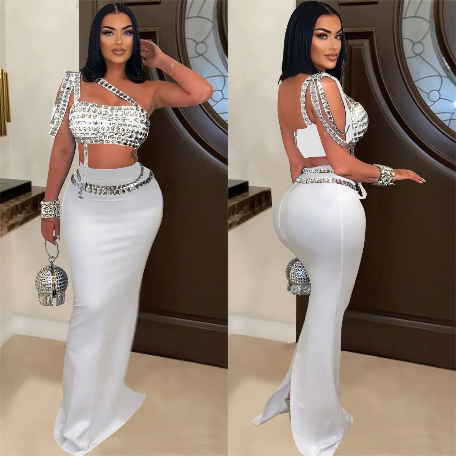 Roupa elegante de dança do ventre adulta feminina personalizada com suspensório sexy meia saia de diamante brilhante