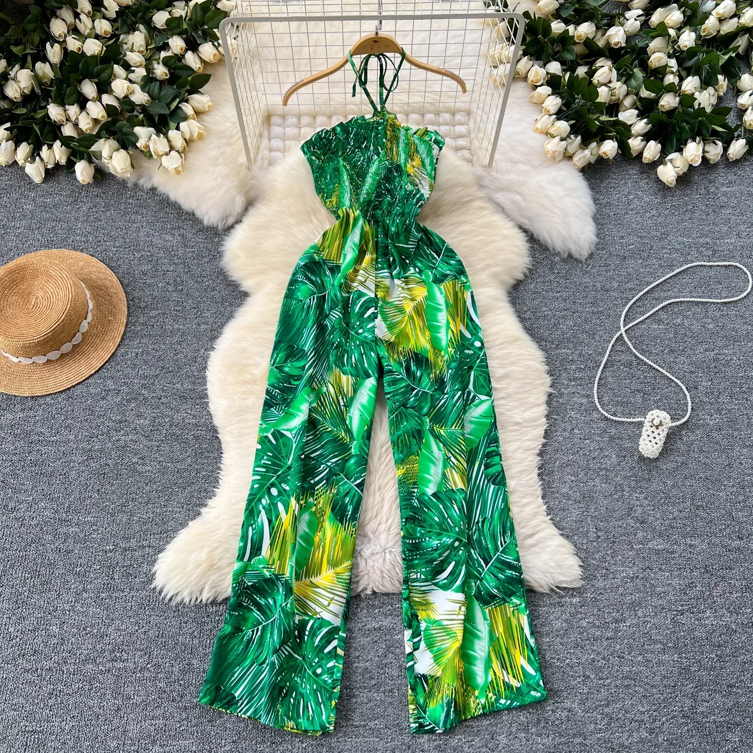 

2024 New Summer Sexy Bohemian Leaf Print Jumpsuits Women Sleeveless Sexy Long Jumpsuit Mujer Casual Holiday Beach Rompers