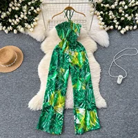 2024 New Summer Sexy Bohemian Leaf Print Jumpsuits Women Sleeveless Sexy Long Jumpsuit Mujer Casual Holiday Beach Rompers