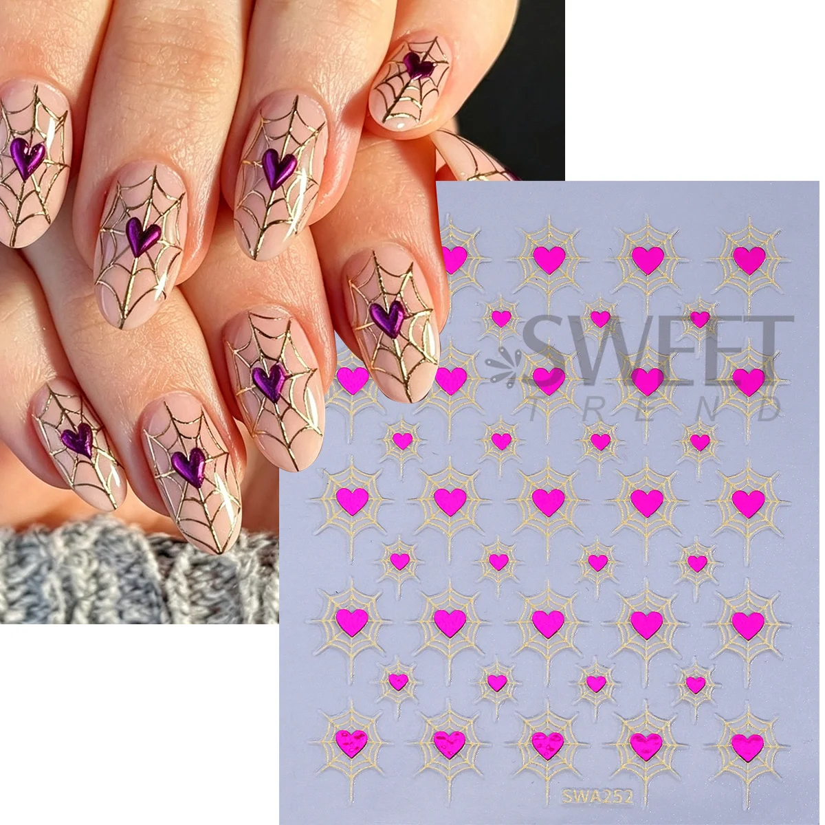 3pcs Metallic Heart Spider Web Nail Stickers Glitter Ghost Sweet Gothic Decals Pink Black Cobweb Halloween Design Manicure Foils