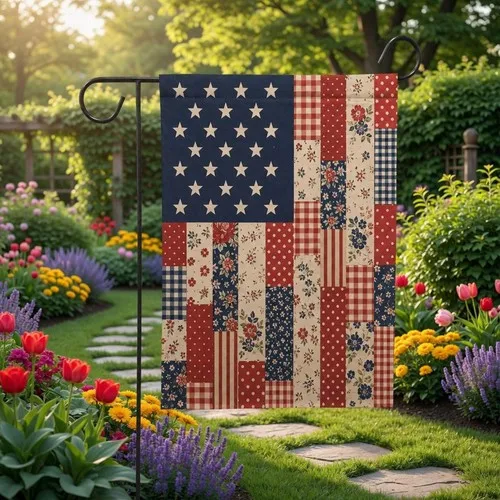 Vintage Patchwork American Flag, Rustic Americana Yard Sign, Primitive Patriotic AAV hhz