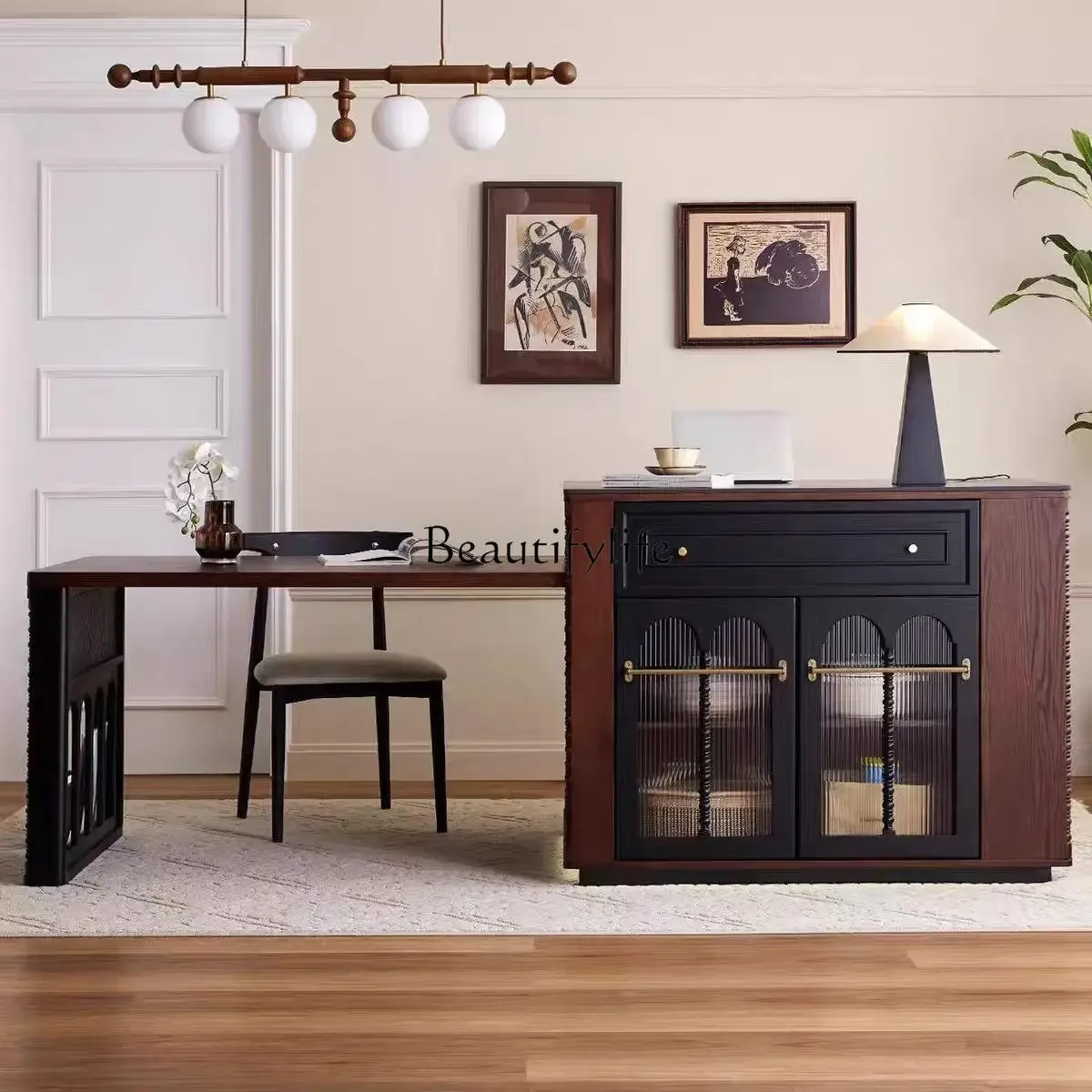 

LXAmerican retro solid wood rock slab island dining table integrated multi-functional household small apartment retractable tabl