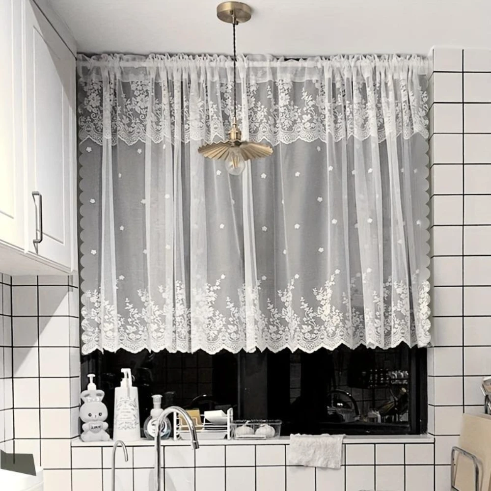 

1Pcs Fresh Semi Transparent Lace Curtain Embroidered Lace Curtain Kitchen Cabinet Coffee Cabinet Shade Curtain Home Decor