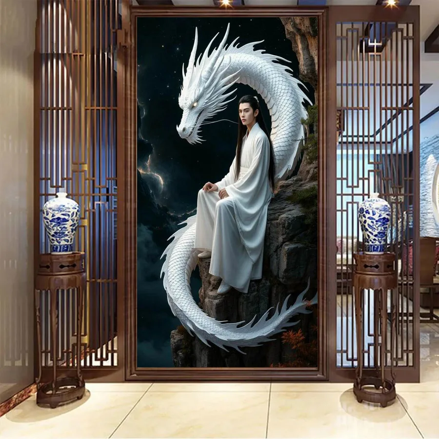

White Dragon and Man Large Size Diy Diamond Art Painting New Collection Handsome Guy Full Mosaic Embroidery Picture Wall Decor