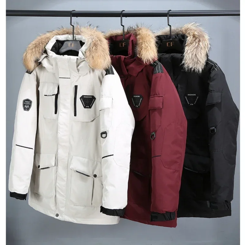 Winter Down Jacket Men's Korean Trendy Thick Big Fur Collar Hooded White Duck Down Warm Coat Couple's Street Snow Pocket Parka