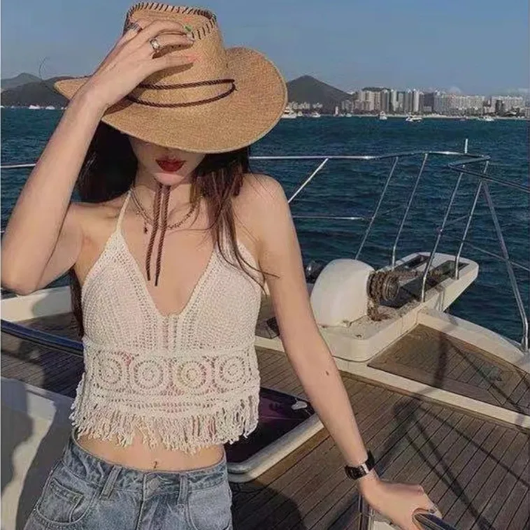 Zomer Nieuwe Gebreide Band Vest Vrouwen Design Sensation Bovenkleding Strand Mooie Ba Opknoping Ne Riem Witte Borst Pad Top