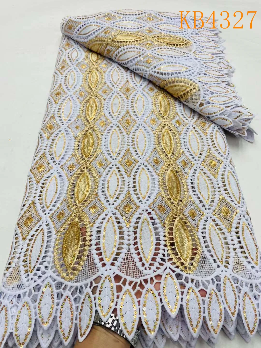 Nigeria Cord Lace with Sequin Embroidered Austria Cotton Novelty 2023 White and Gold Cotton Guipure Lace Fabric For Cloth KB3268