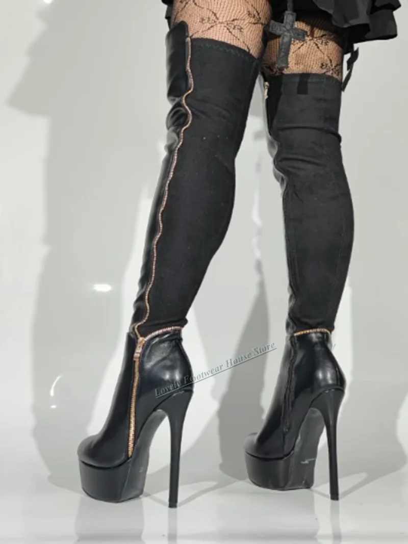 

Модные женские черные кожаные осенне-зимние сапоги выше колена, женские рыцарские сапоги на платформе с острым носком и боковой молнией, обувь