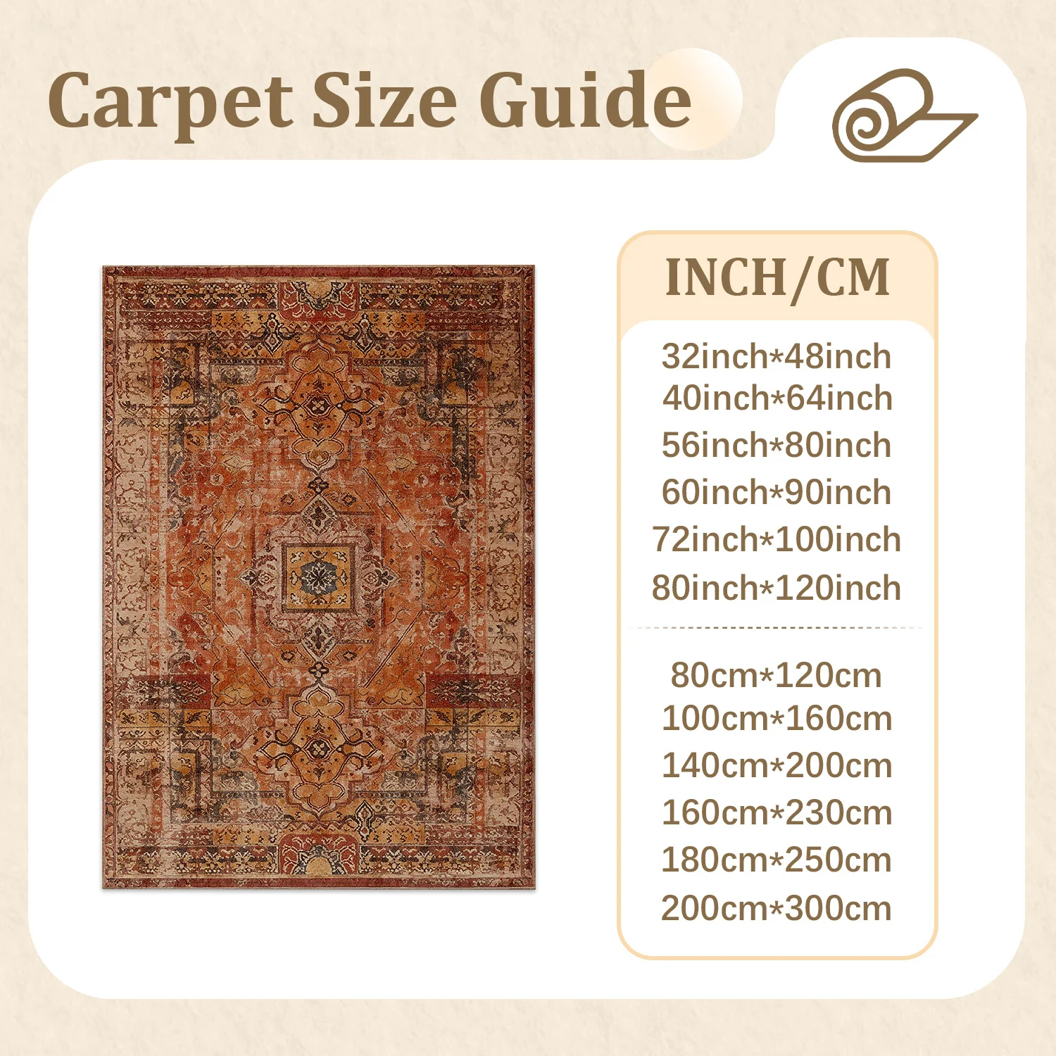 Large Indoor Area Rug, Soft Velvet Low Pile with Non-slip Dotted Backing, Machine Washable Vintage Distressed Persian Terracotta Rug for Living Room, Bedroom, Dining Room