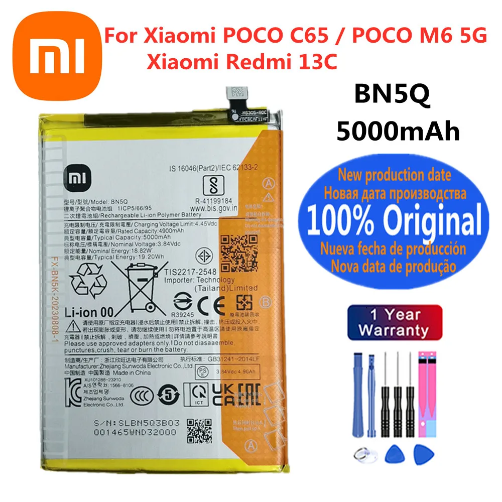 5000mAh 100% Original High Quality BN5Q Battery For Xiaomi POCO C65 /POCO M6 5G Redmi 13C Phone Replacement Battery + Free Tools