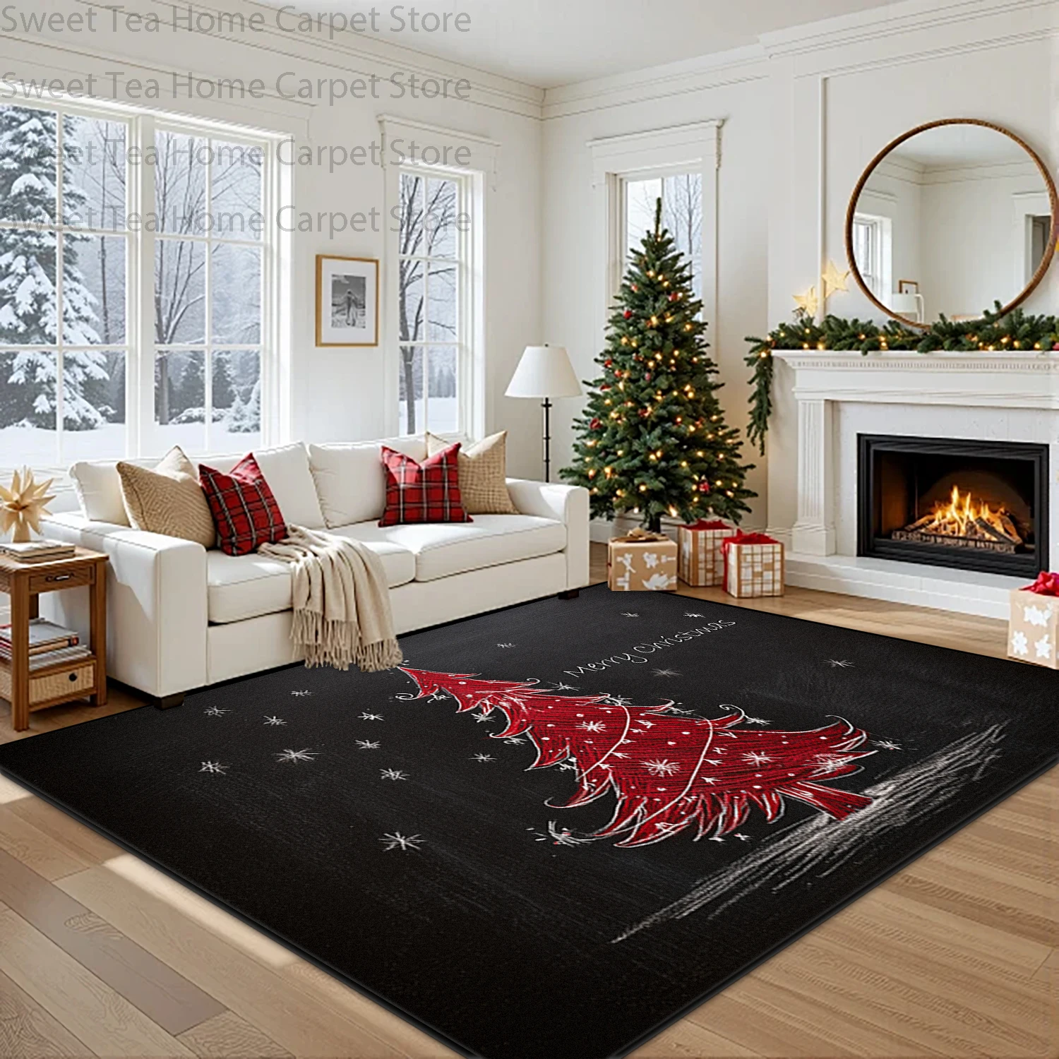 Red Christmas Living Room Large Area Carpet Non-slip Washable Bedroom Velvet Rug Soft Fluffy Holiday Home Decoration Floor Mats