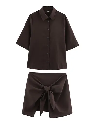 Imagen 2 del producto HH-Conjunto de faldas lisas para mujer, camiseta de manga corta con un solo pecho, minifalda ajustada con lazo, trajes de calle a la moda para mujer