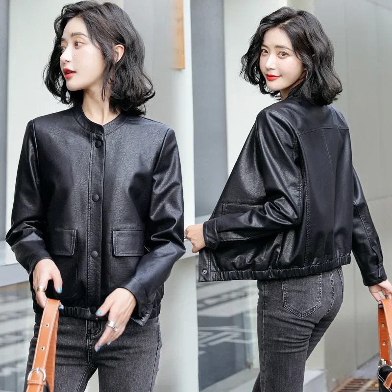 Fashion New Autumn Leather Jacket for Women 2023 Short Motorcycle Leather Clothes Women Loose Single Breasted Leather Jackets