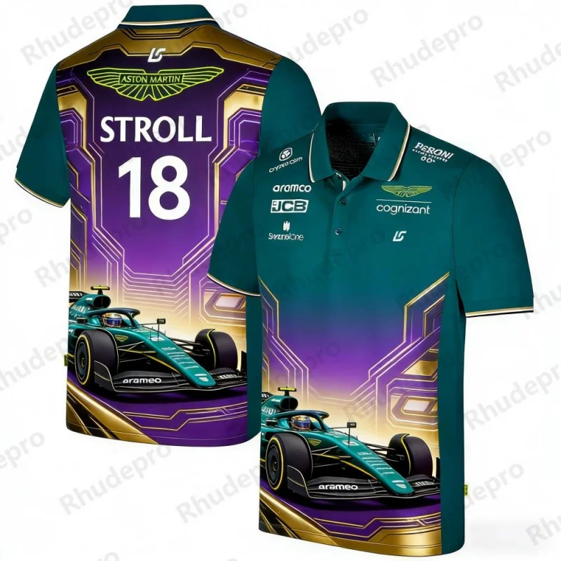 

Aston Martin Racing Team Training Street Style Button Polo Shirt Fernando Alonso 14 Men's And Women's Short Sleeve Clothing