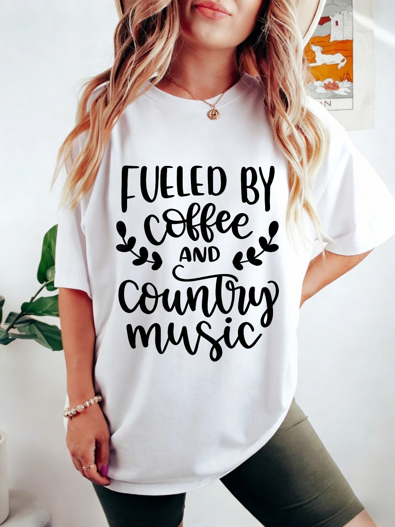 

Women Summer Short Sleeve Cotton Regular Fit T Shirt - Graphic 'Fueled by Coffee & Country Music' Casual Everyday