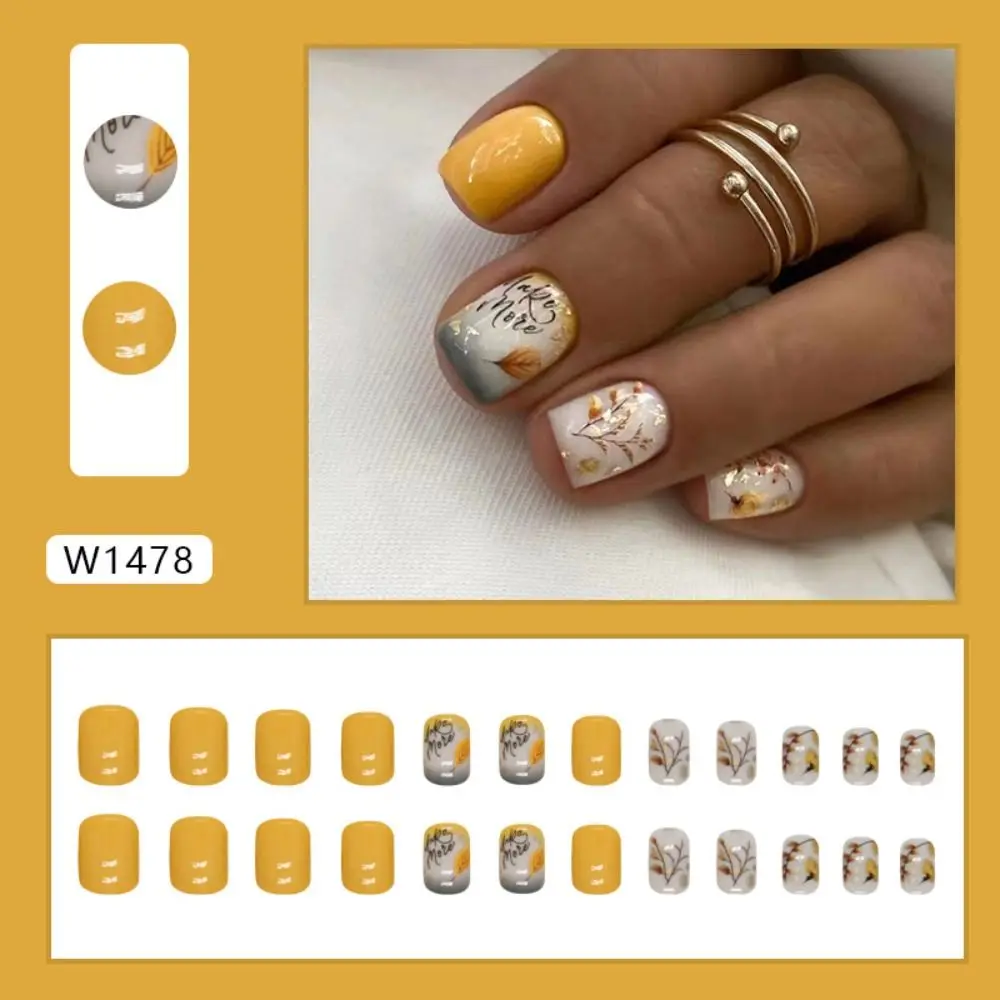 Detachable Short Round False Nails Little Bear Leaf French Fake Nails Full Cover Gold Slices Nail Tips for DIY