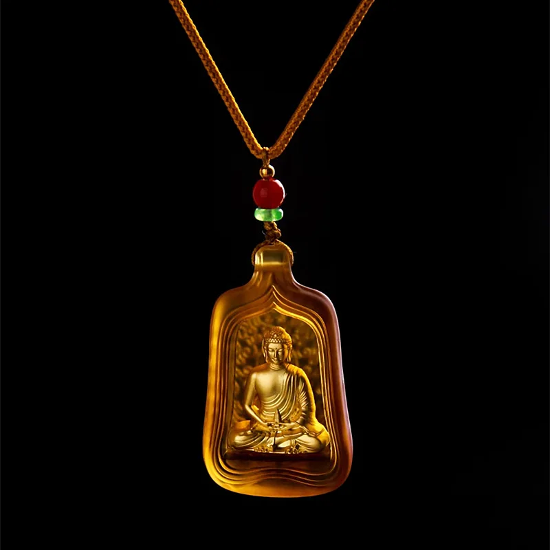 Chinese Style Blessing Gold Medicine Buddha Six Word Mantra Blue Glaze Pendant Necklace Unisex Luck Prayer Spiritual Amulet Jewe view 4