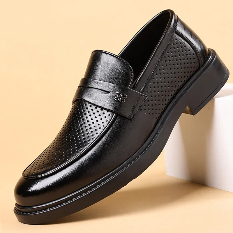 Mens Black Penny Loafers With Perforated Detail Slip On Comfortable Breathable Dress Shoes For Business Office And Summer Wear