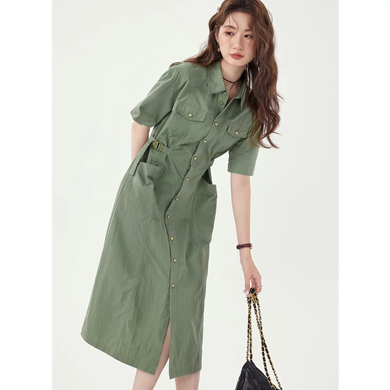 

plus Size Workwear Dr Women's Summer Waist-Cinching Meat-Covering Versatile Long Dr Korean Sle A-Line Skirt Button De...