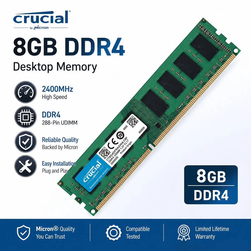 Mémoire Crucial pour ordinateur de bureau RAM DDR4 16 Go 4 Go 8 Go 3200 MHz 2133 2400 2666 MHz DIMM 288 broches PC4-21300 25600 19200 17000 Non-ECC RAM PC