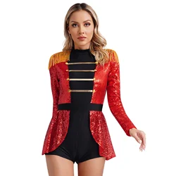 Women's Circus Ringmaster Sequin Jumpsuit Lion Tamer Cosplay Outfits Director Costume with Skirted Sparkly Bodysuit Stage