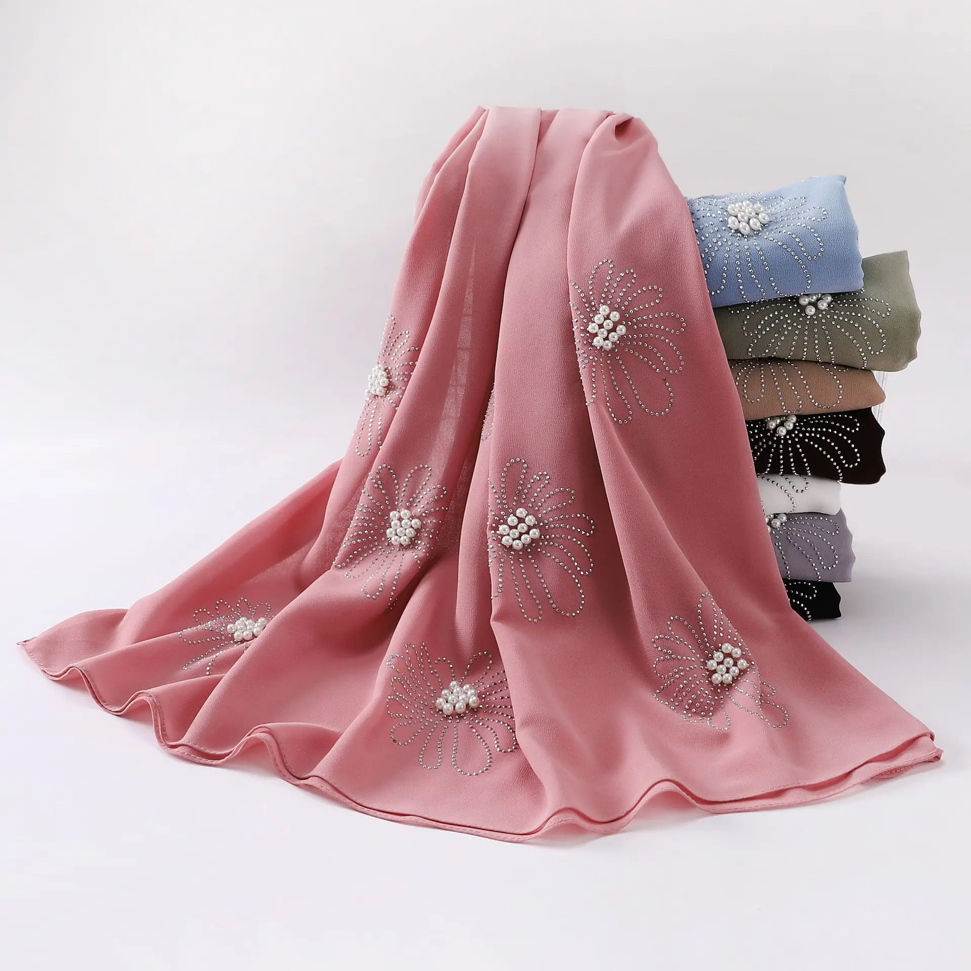 Perle Chiffon Blume Lange Schal Perle Hijab Muslimischen Kopftuch Frauen Islam Stola Schal Wrap Schleier Bandanas Bufanda Foulard Schals