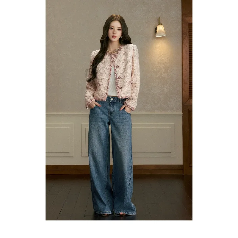 Cherry blossom powder Xiaoxiangfeng wool short coat women's autumn retro high-end versatile top