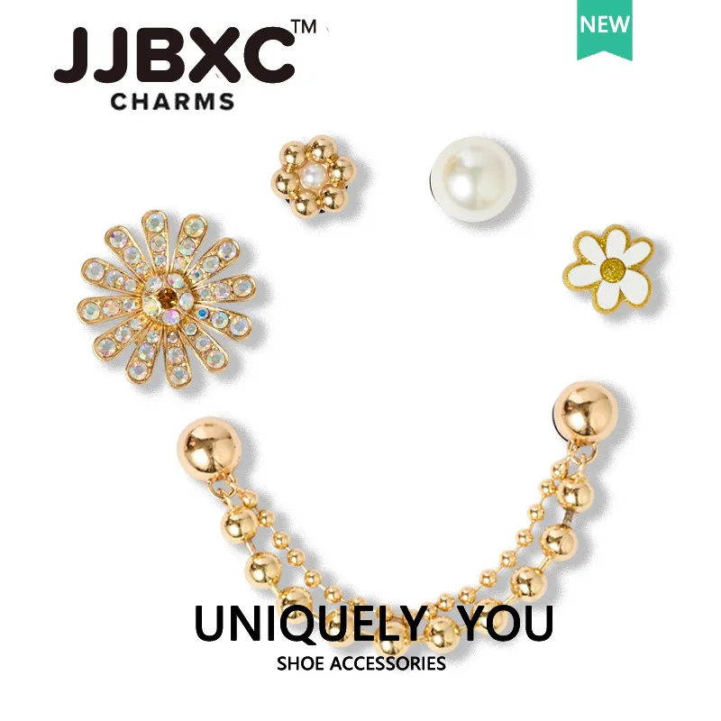 Abalorio de Metal JJBXC para crocs, accesorios de clip para zapatos, cadena de perlas de diamante y pétalos dorados, accesorios para zapatos de moda DIY