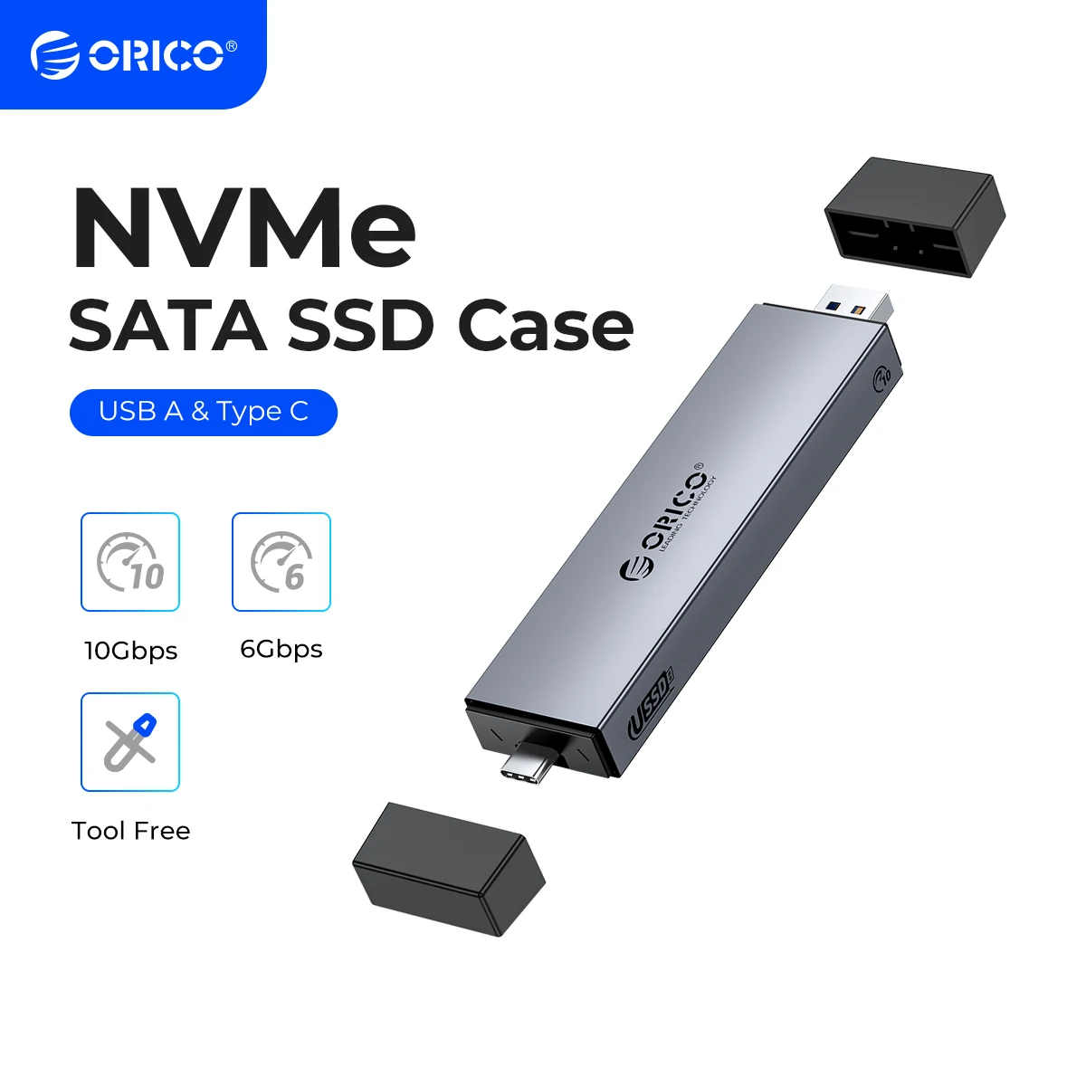 ORICO Aluminum 2 in 1 M.2 SSD Enclosure USB A Type-C Dual Interface Support M2 NVMe SATA NGFF SSD Case Tool Free Installation