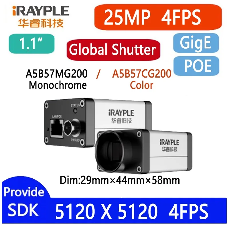 iRAYPLE 25MP 1.1‘’ Gpixel GigE/POE/USB3.0 High Resolution Global Shutter Machine Vision Area Scan Camera Provide SDK Windows