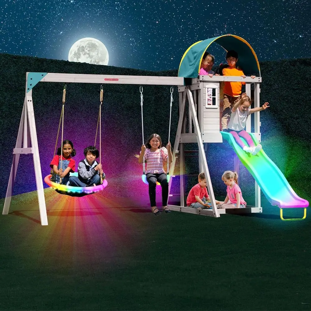 

Amelia CeWooden Swing Set or Night Play with 2 LED Swings, Play ort with Sandbox, Heavy Duty Double A-e, on 6t LED Slide, Bonus