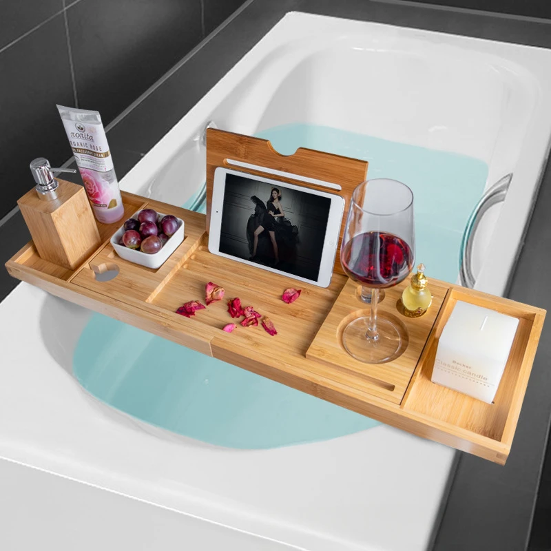 Spa Bathtub Extendable Bamboo Bathtub Tray Caddy Organizer Rack Book Wine Tablet Holder Nonslip Bottom Bath Tub Tray Shelf